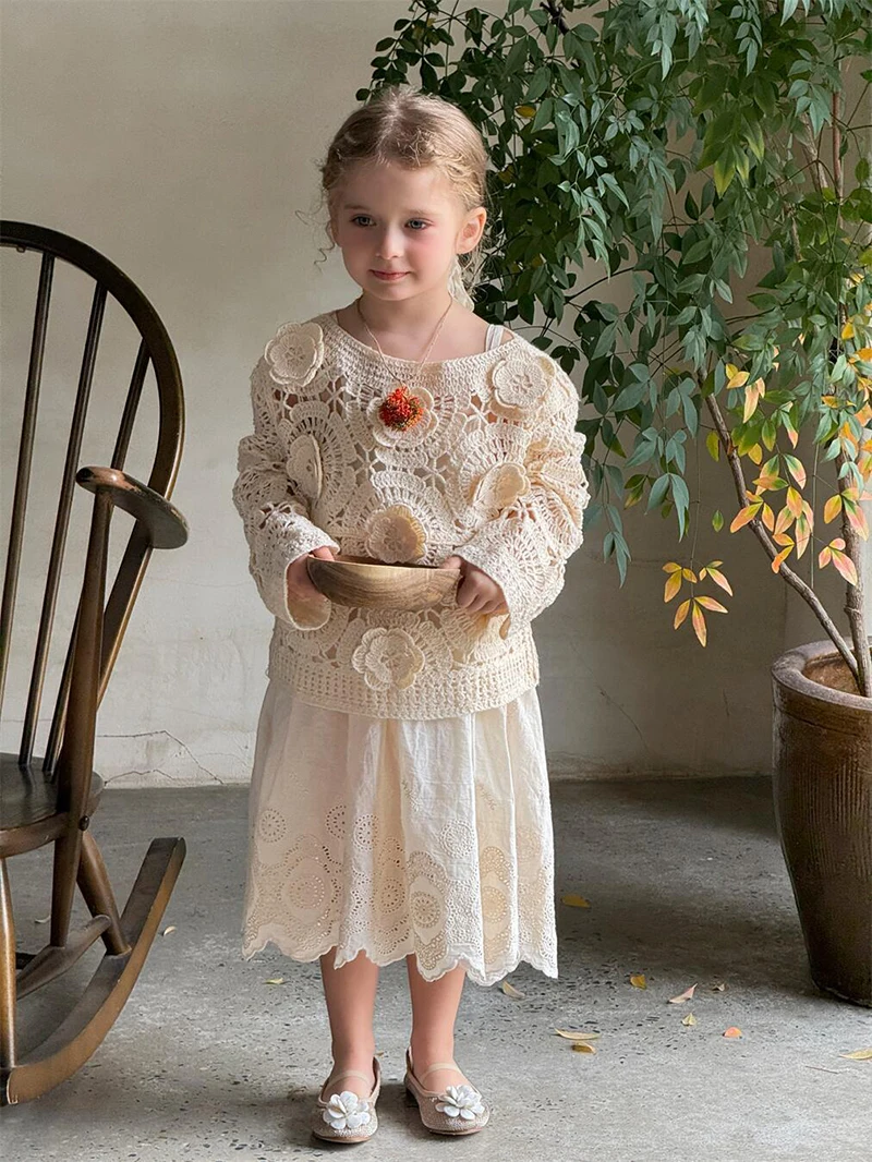 Girls Knitted Floral Sweater Pullover Top