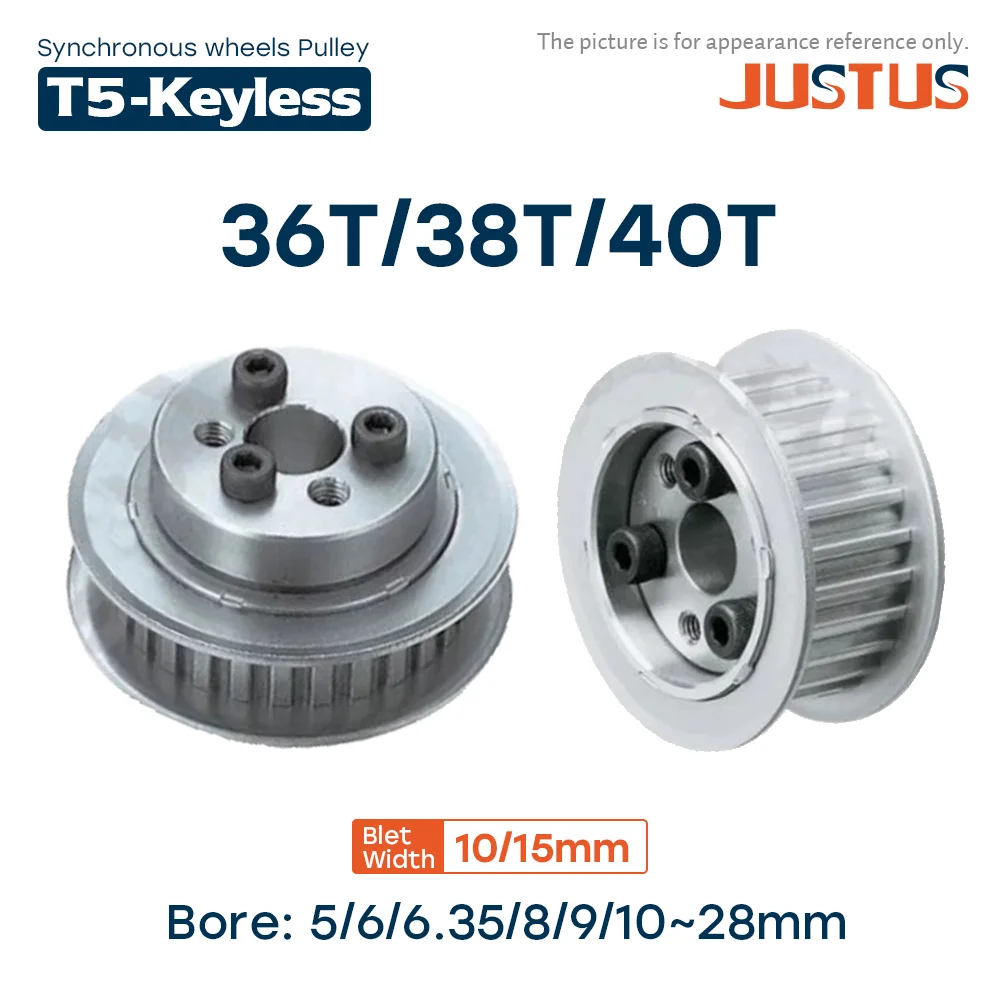 

Trapezoidal Tooth 36T/38T/40 Teeth Timing Pulley Keyless Bushing Bore 5-28mm Synchronous Wheel For T5 Belt Width 10/15mm