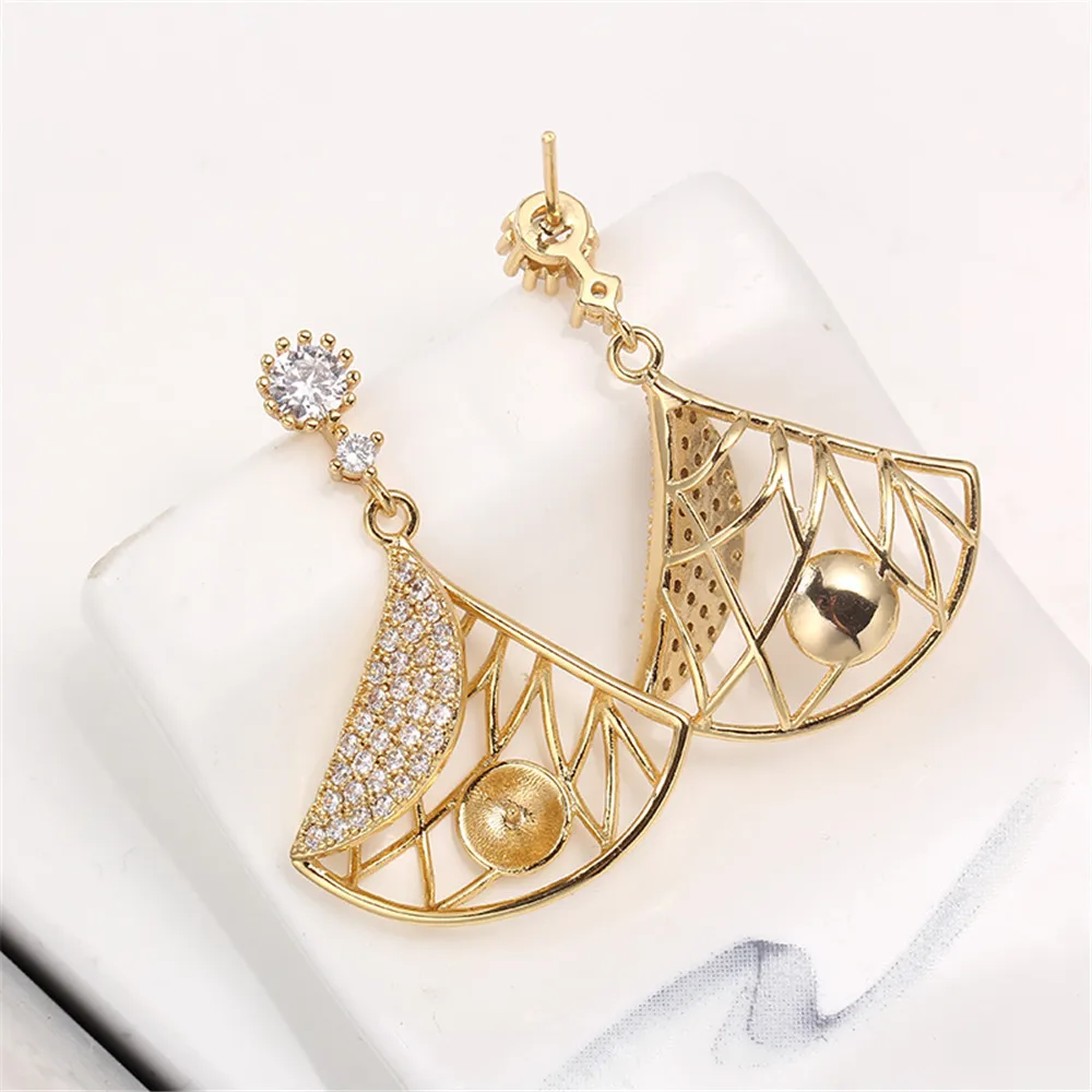 

14K gold bag color preserving fan-shaped micro inlaid zircon S925 silver needle Earrings DIY accessories Earrings female