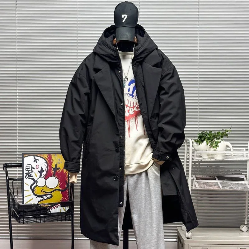 Mid-Length Men's Coat Winter Hooded New Two Pieces Korean Style Windbreaker Warm Thicken Cotton 5