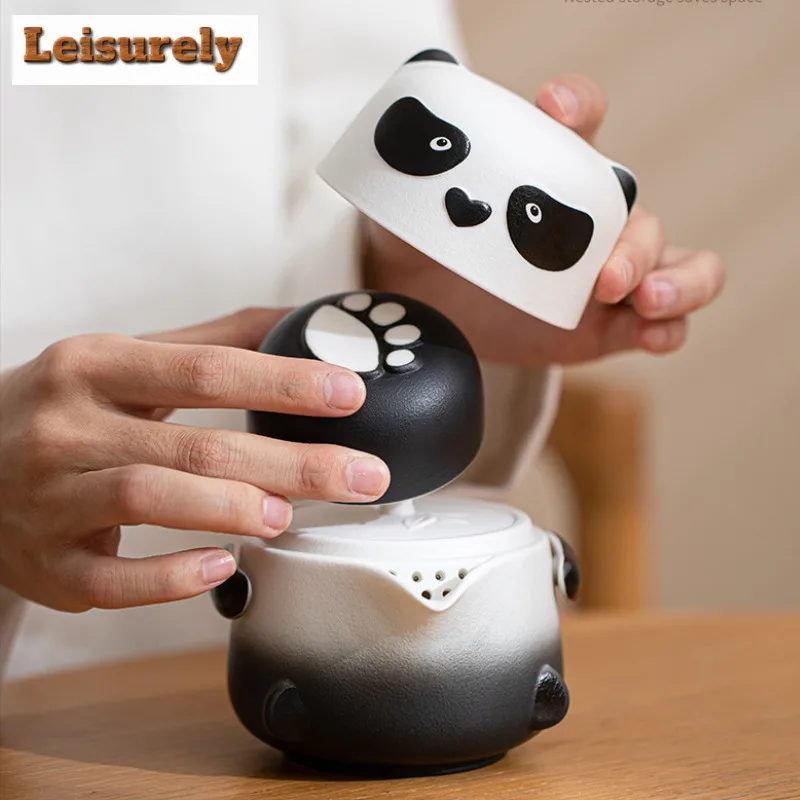 Cute Cartoon Panda Fubao Travel Tea Set Kit Luxury 1 Pot 2 Cups Household Tea Maker Organizer Portable Outdoor Tote Bag Gift