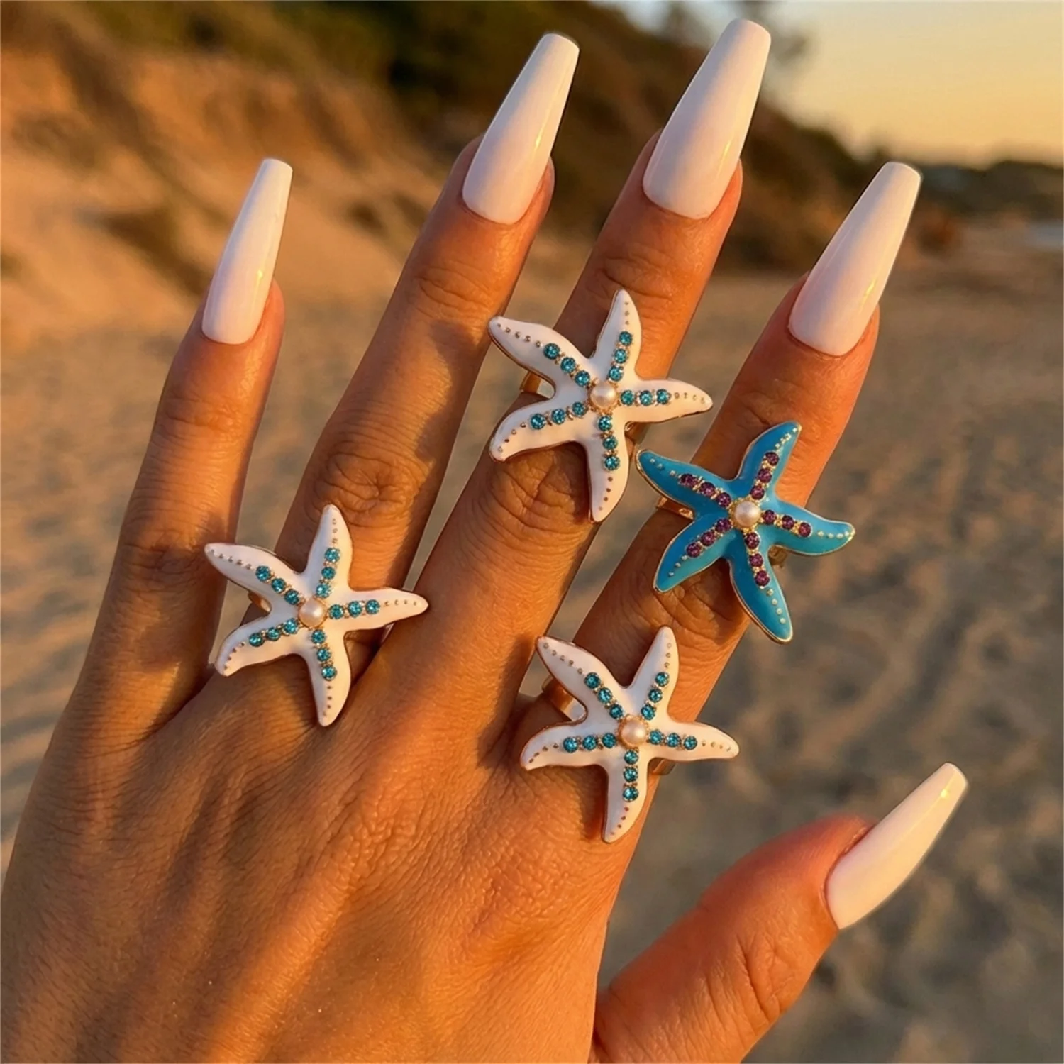 Übergroßer Seestern-Ring für Frauen Bunter Strass Kunstperlen Statement Chunky Sommer Strand Urlaub Resort Schmuck – Detail 1