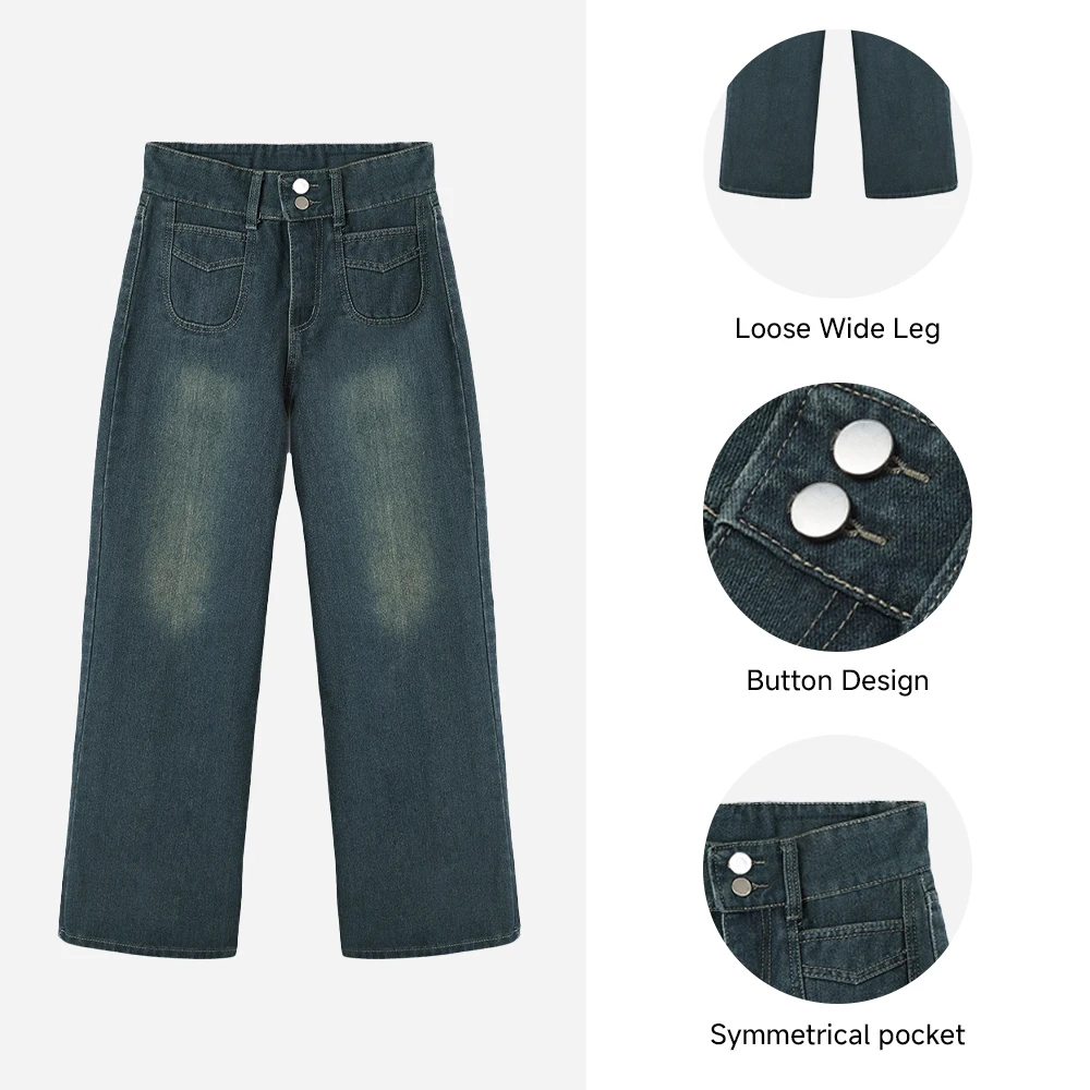 Modishion Vintage Blue High Rise Wide Leg Jeans Loose Straight Jeans Wide Leg Pants