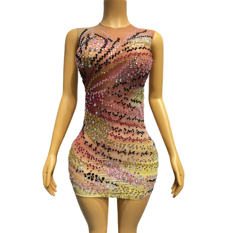 Sparkly Gold Rhinestone Transparent Sleeveless Mini Dress Evening Birthday Celebrate Party Nightclub Performance Costume