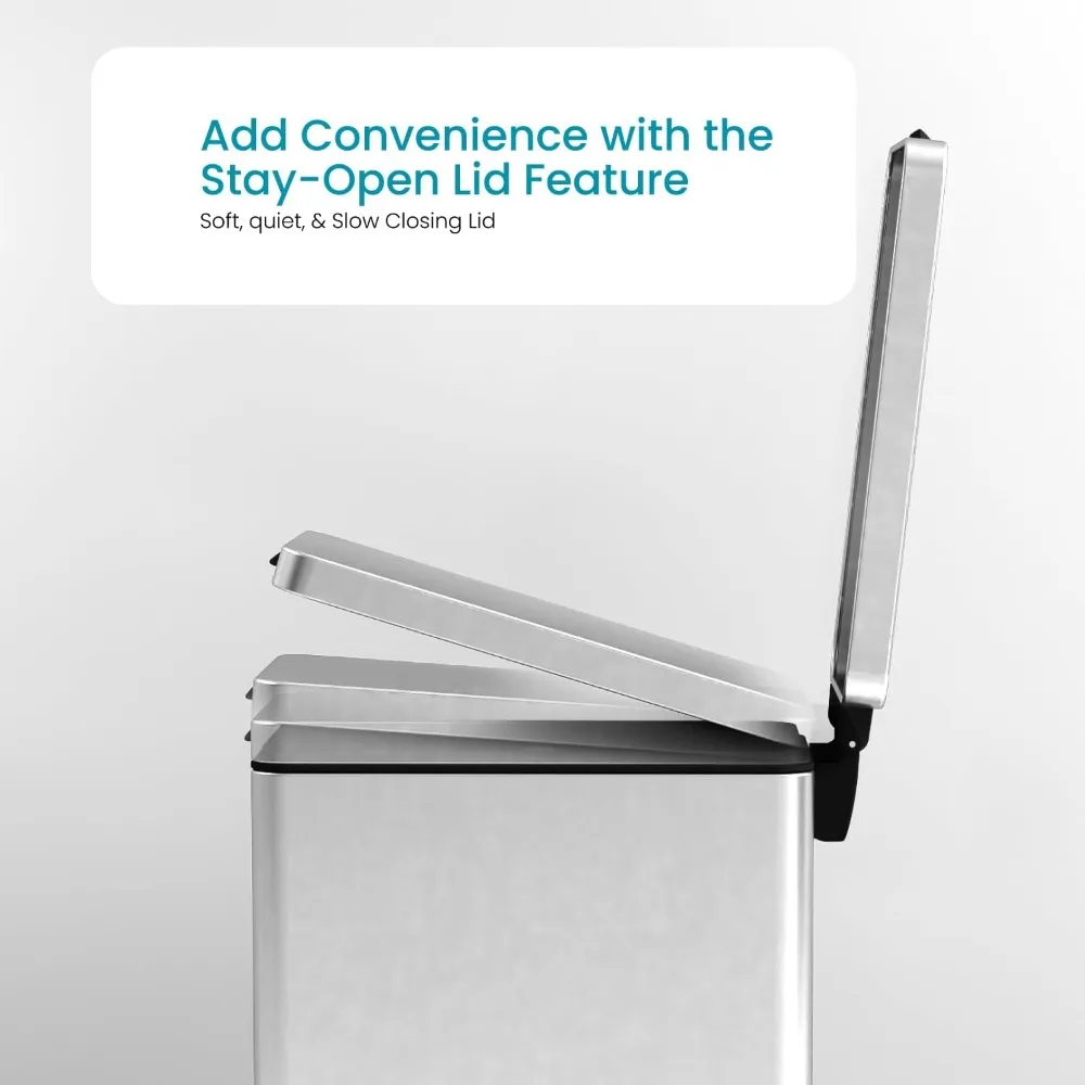 12 Gallon Slim Kitchen Trash Can with Slow Close Lid and Step Pedal, Stainless Steel, Silver, 45 Liters