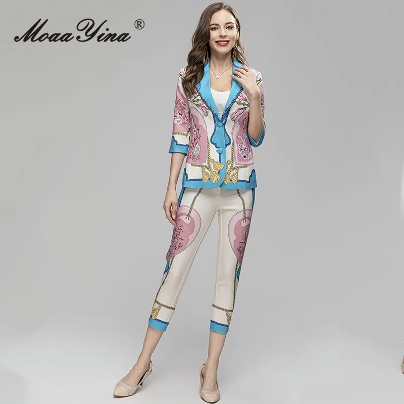 

MoaaYina Summer Fashion Designer Vintage Print Pants Set Women Turn-down Collar Diamonds Button Top+Cropped Trousers 2-piece Set