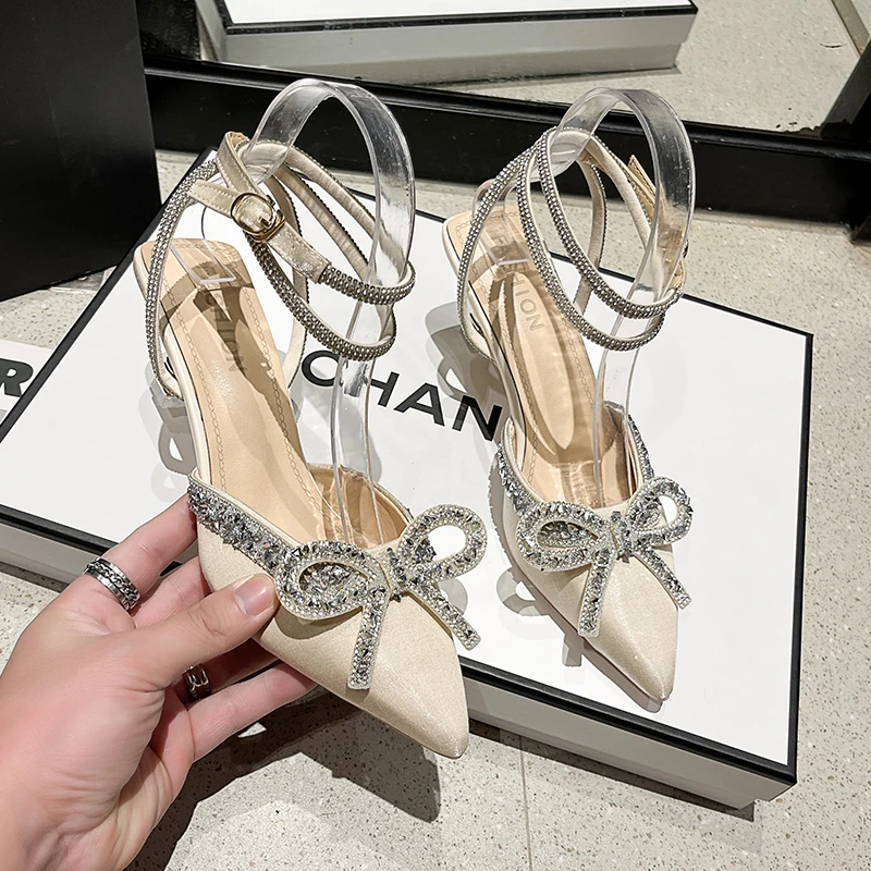 New Runway Style Glitter Rhinestones Women Pumps Crystal Bowknot Satin Summer Lady Shoes Genuine High Heels Party Prom Shoes