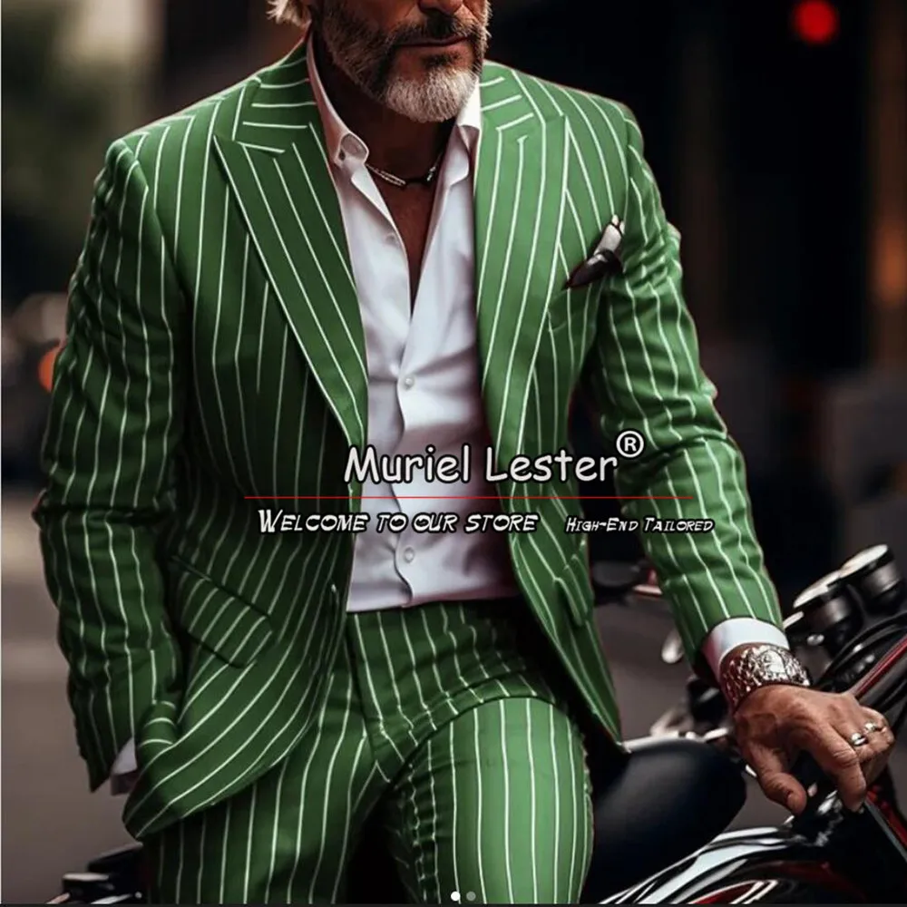 

White Stripes Green Business Suits Men Single Breasted Jcaket Pants 2 Pieces Groom Banquet Man Tuxedos Formal Party Prom Blazers