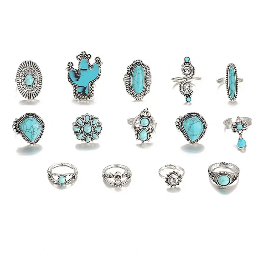 Long-lasting Rings Bohemia Rings Vintage Bohemian Adjustable Ring Set with Cactus Sun Shape Faux Turquoise Knuckle Rings for Her 4