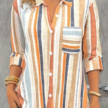 Plus Size Casual Blouse, Women's Plus Stripe Print Button Up Long Sleeve Turn Down Collar Shirt