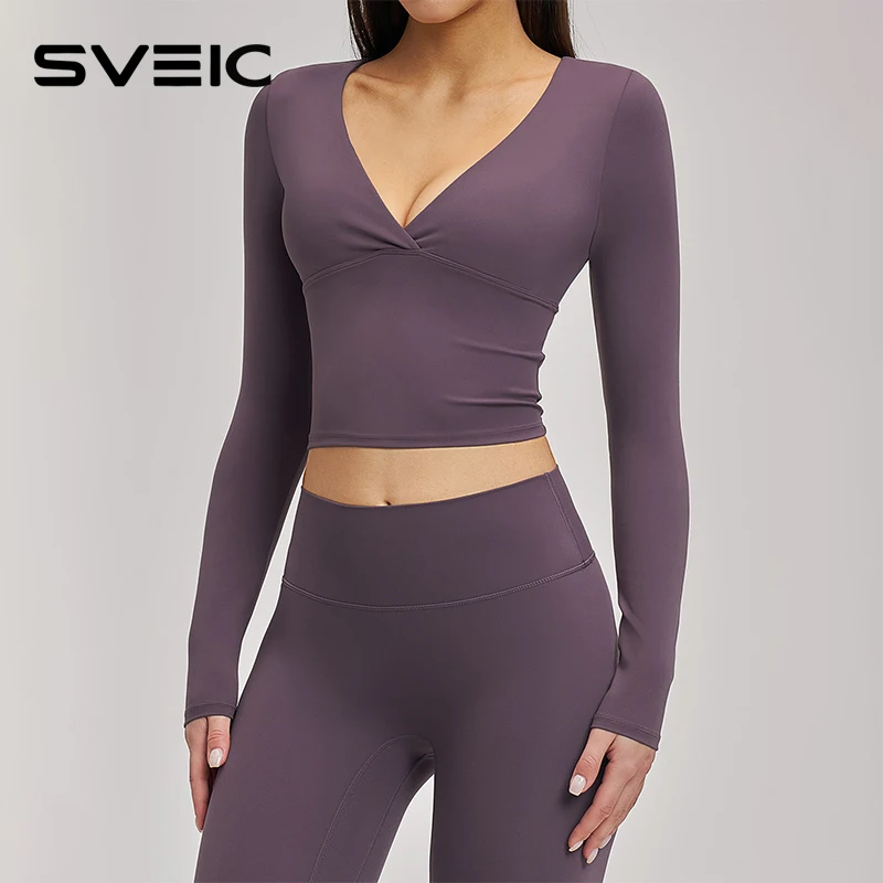 SVEIC 요가 긴팔 V넥 크롭탑 피트니스 스포츠웨어 통기성 필라테스 운동 ..