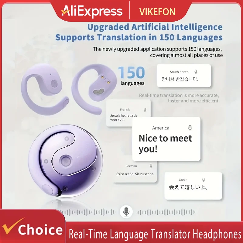 Wireless BT AI Real-time Language Translation Earphones 144 Languages Ear Hanging Headphone Translator for Travel Business