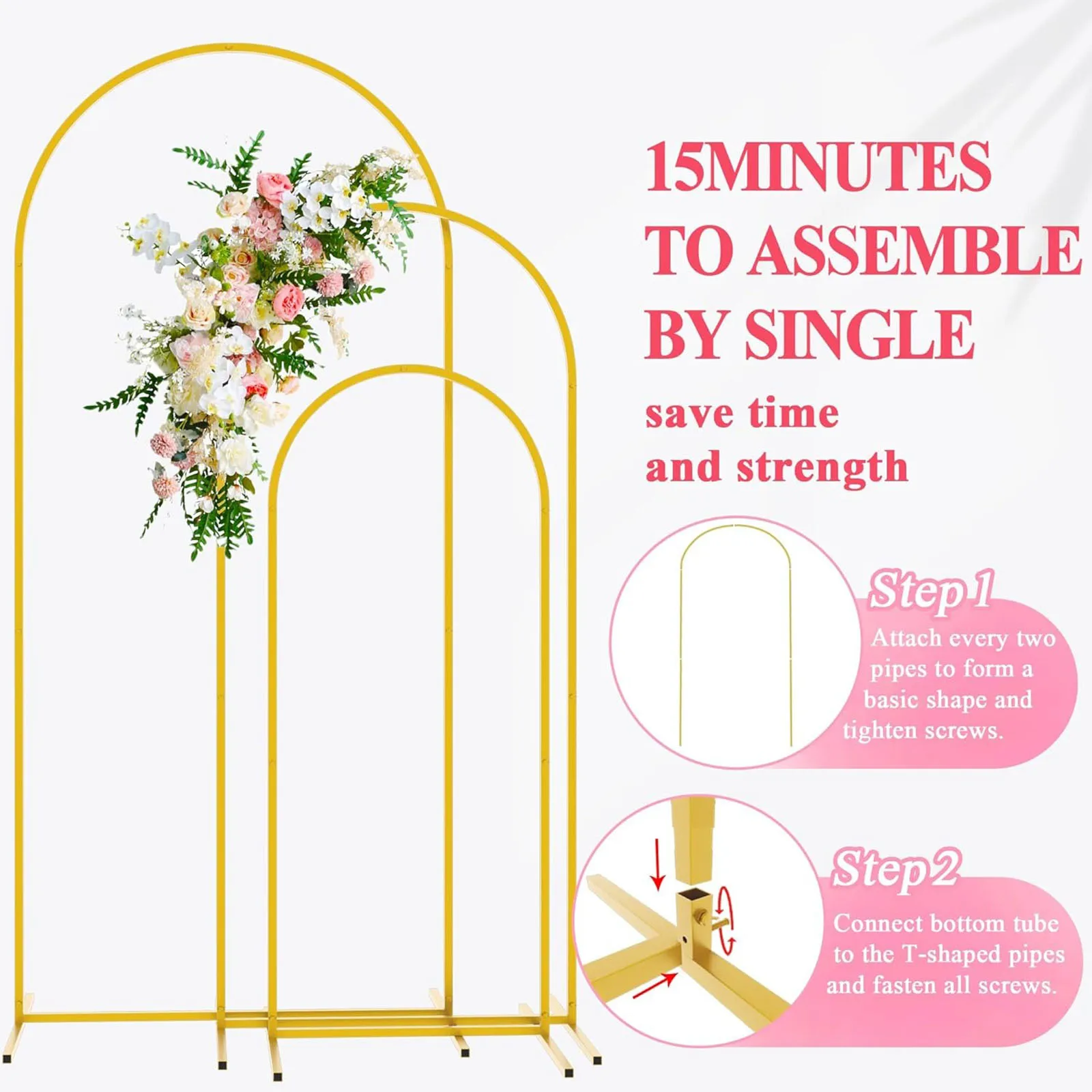 Gold Metal Wedding Arch Backdrop Stand Frame for Birthday Party Ceremony Outdoor Indoor Celebration Decoration Round Top Stand