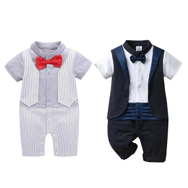 

Baby Boys Baptism Romper Infant One Piece Stripe England Christening Jumpsuit Bebe Little Boys Gentleman Birthday Clothing 12M