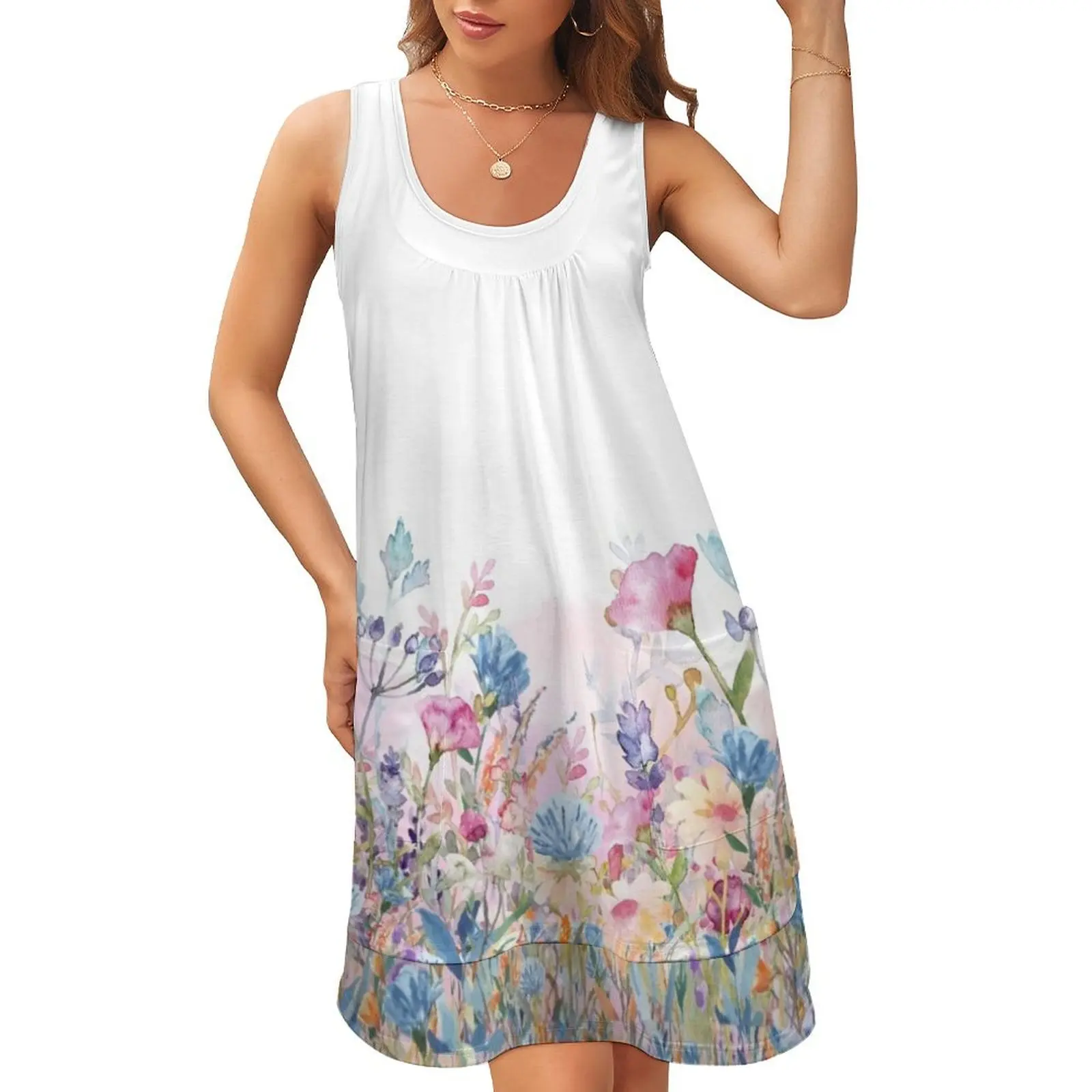 

Flowers blooming in the garden Sleeveless U-Neck Fake Two Piece Dress clothing women summer 2024