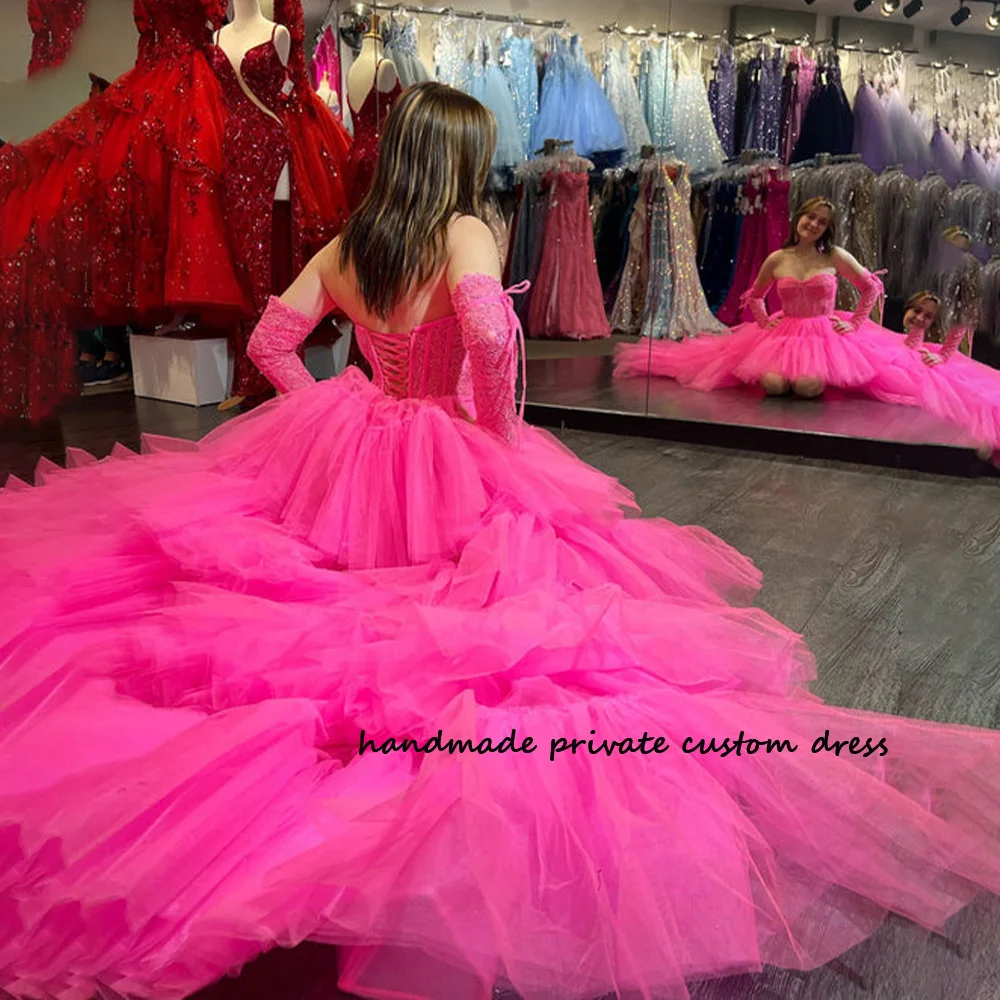 

Hot Pink Tulle Lace Prom Party Dresses Bone Corset High Low Pageant Celebrate Dress Tiered Long Fairy Homecoming Party Gonws