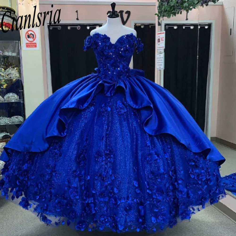 

Royal Blue Quinceanera Dress 2023 Off Shoulder Sequin Ruffle Corset Puffy Ball Gown Prom Dress Vestidos De 15 Años