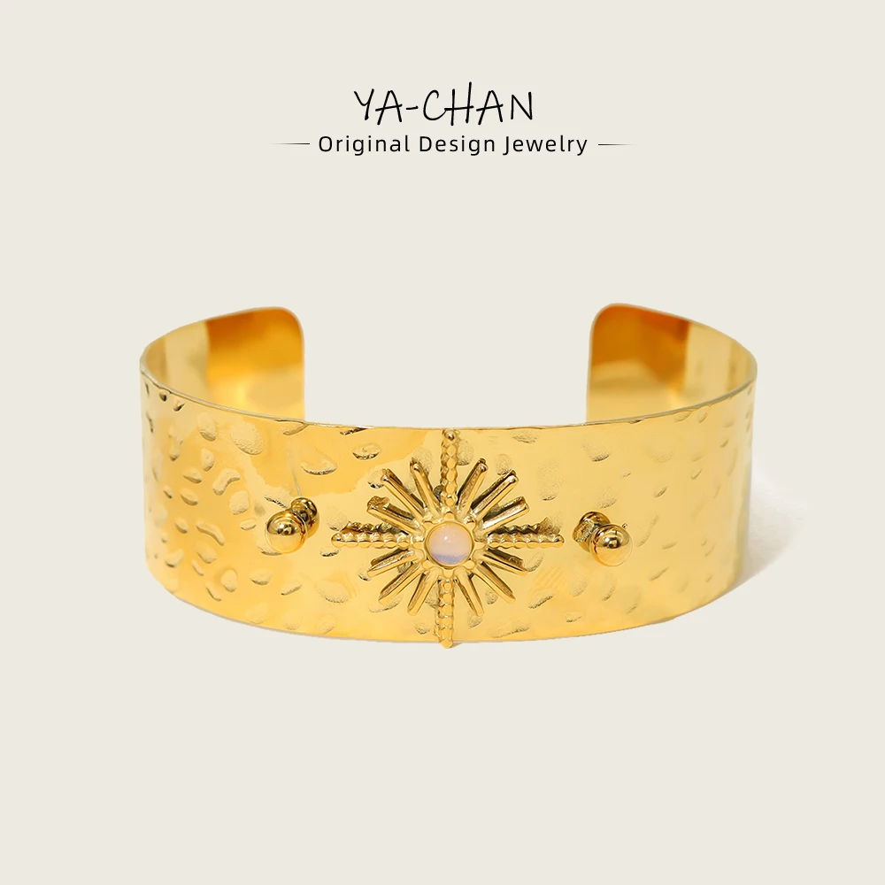 

YACHAN High Quality Stainless Steel 21MM Wide Bangle Bracelet for Women Natural Stone Statement 18K Plated Golden Star Bracelets