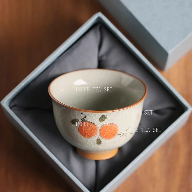 1pc Persimmon Tea Cup Chinese Small Capacity Tea Cup Home Underglaze Color Ice Cracked Glaze Master Cup Drinking Utensils