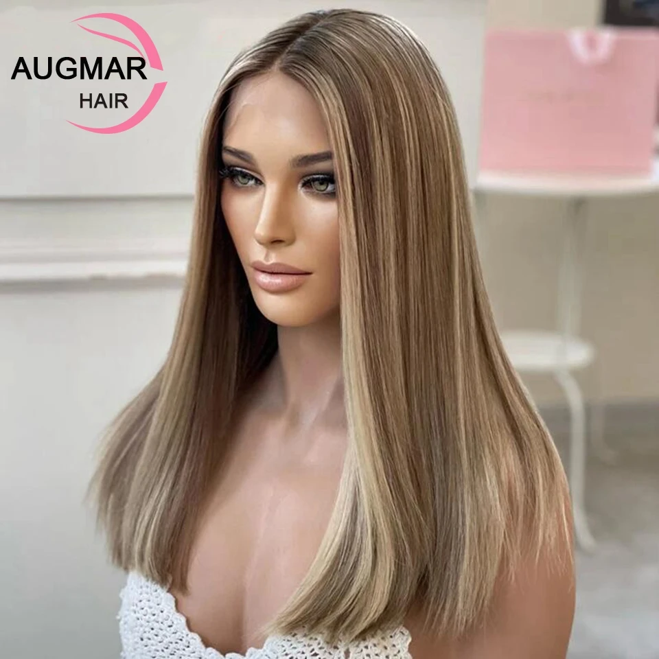 Peluca de cabello humano liso con encaje frontal, pelo corto con Base de seda sin pegamento, color rubio ceniza, HD 13x4