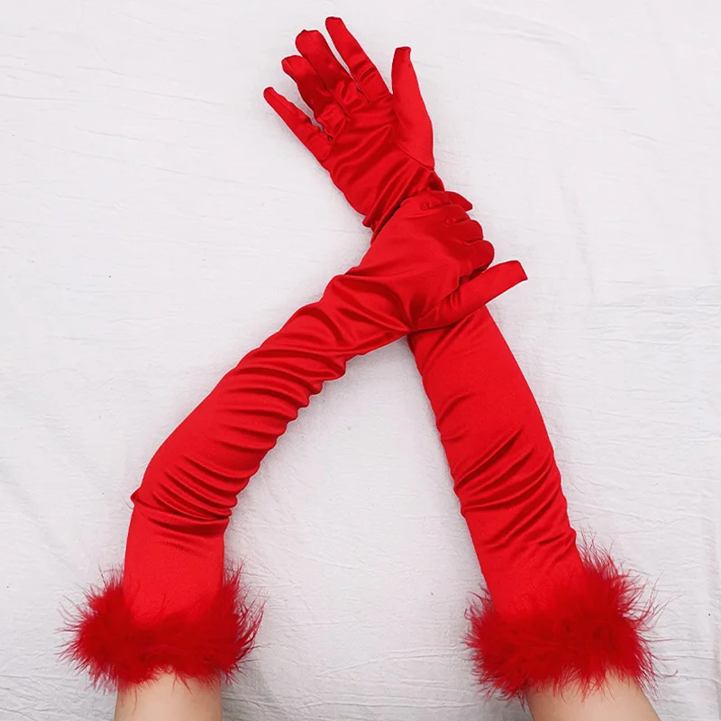 

Vintage Women Wedding Evening Party Formal Gloves Satin Fluffy Feather Long Gloves Performance Clothing Accessories Mittens