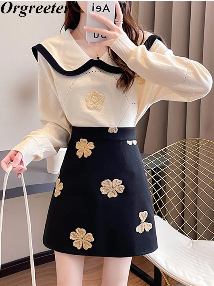

New Arrival Knitted 2 Piece Sets Korean Fashion Peter Pan Collar Floral Appliques Pullover Sweater Mini Woolen Skirts Sets