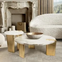White Marble Pattern Round Wood Nesting Coffee Table Set of 2 Living Room Side Table with Gold Legs Spacious Storage Easy to 1