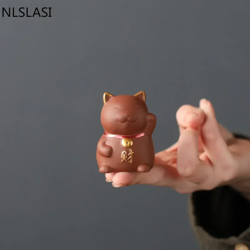 Tea Pet Ornaments 1 PCS Yixing Purple Clay Small Tea Pet Lucky Cat Figurine Ornament Boutique Tea Accessories Crafts Home Decoration