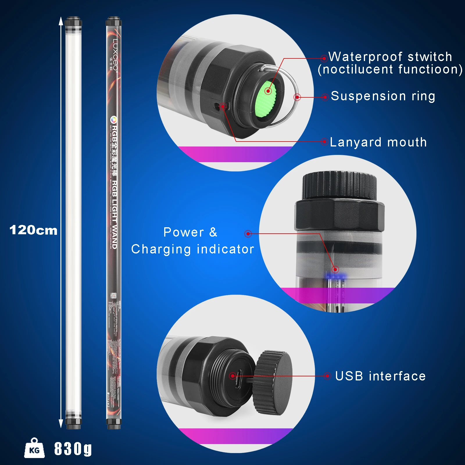 LUXCEO P120 4피트 LED 비디오 조명 18W RGB 튜브 1350루멘 IP68 방수 APP 제어 사진 조명 스튜디오 조명 영화/MV 촬영/라이브 스트리밍용