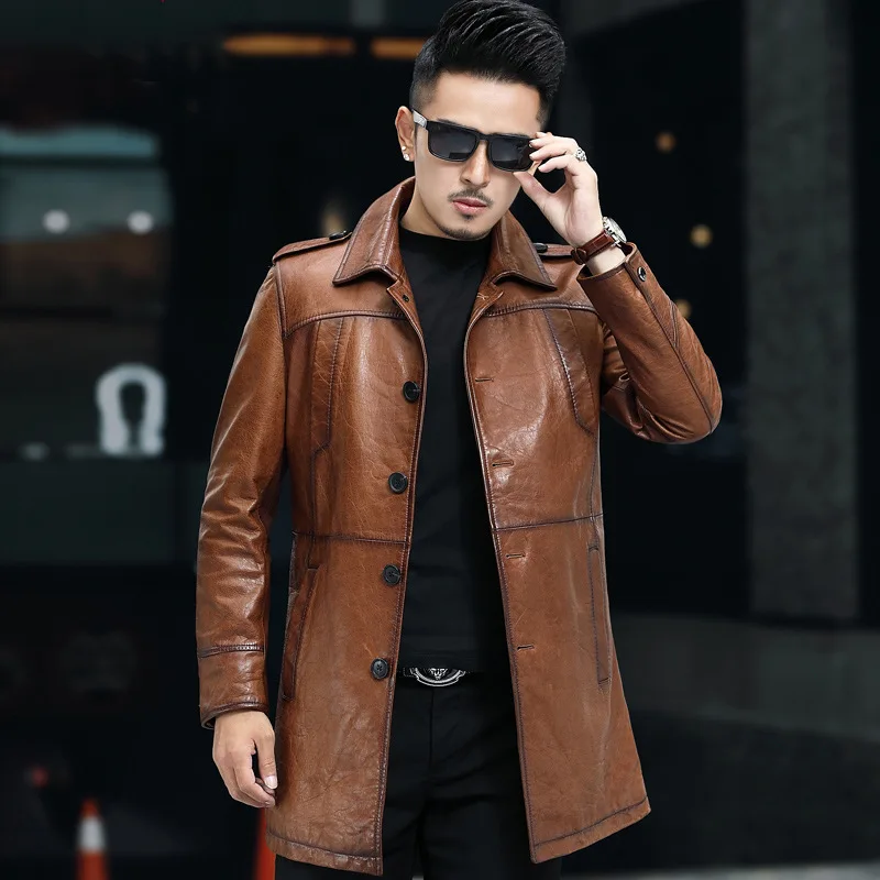 

2023 Autumn/Winter Oil Wax Sheepskin Haining Leather Coat Men's Genuine Leather Mid length Leather Jacket Casual Leather Coat