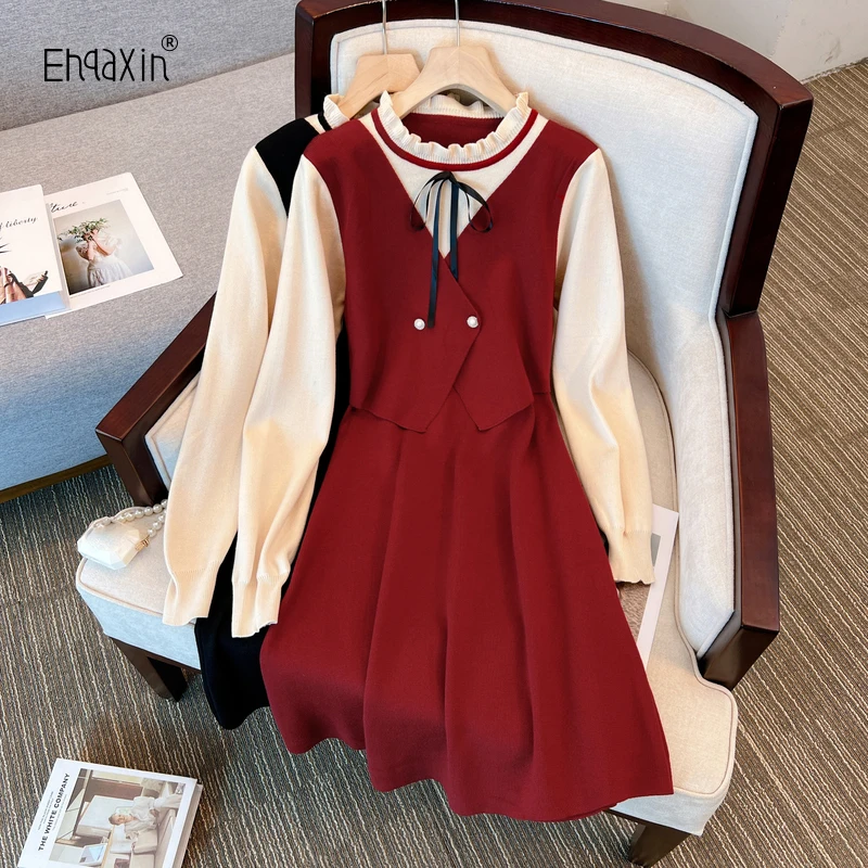 

EHQAXIN Autumn Winter French Ladies Knitted Dress 2022 Fashion Vest Stitching Contrast Sweater A-Line Dresses For Female M-5XL