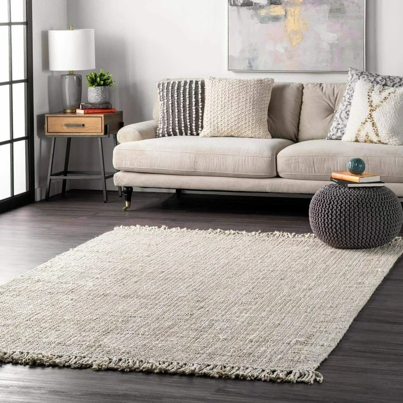 

Rug Hand Woven White Tassel Jute and Cotton Mixed Braided Reversible Rug Floor Contemporary Carpet for Home Living 3x5ft