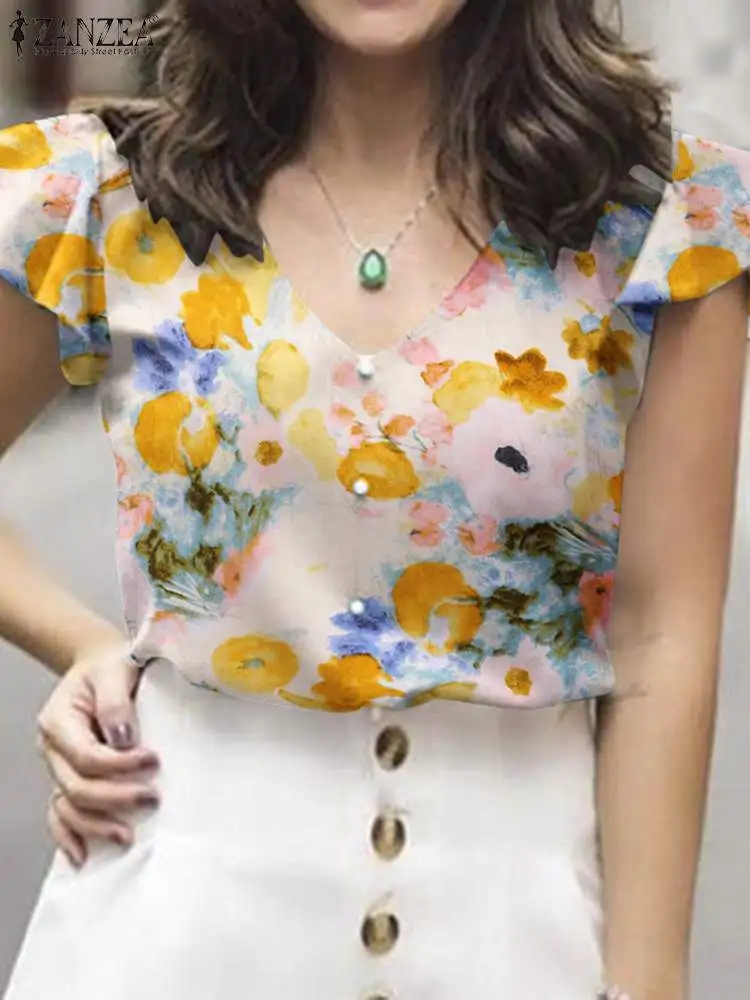 

ZANZEA Summer Short Sleeve Blouse Women V Neck Floral Printed Shirt Fashion Casual Work Holiday Tops Tunic Bohemian Beach Blusas