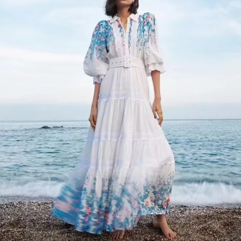 

Autumn 2023 New Fashion Women Flare Sleeve Embroidery Spliced Lace Flower Print Belt Button Shirt Casual Holiday Long Dress