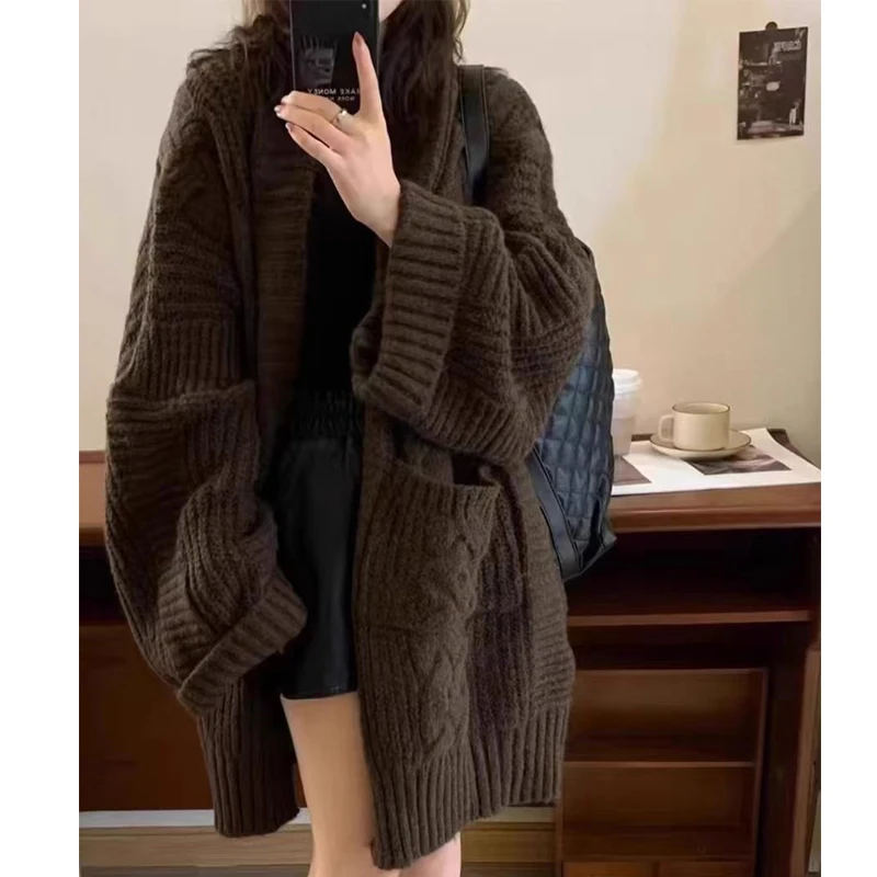 New Loose Women's Knitted Cardigan Casual Solid Color Sweater Medium Length Thick Elegant Loose Coat with Pockets