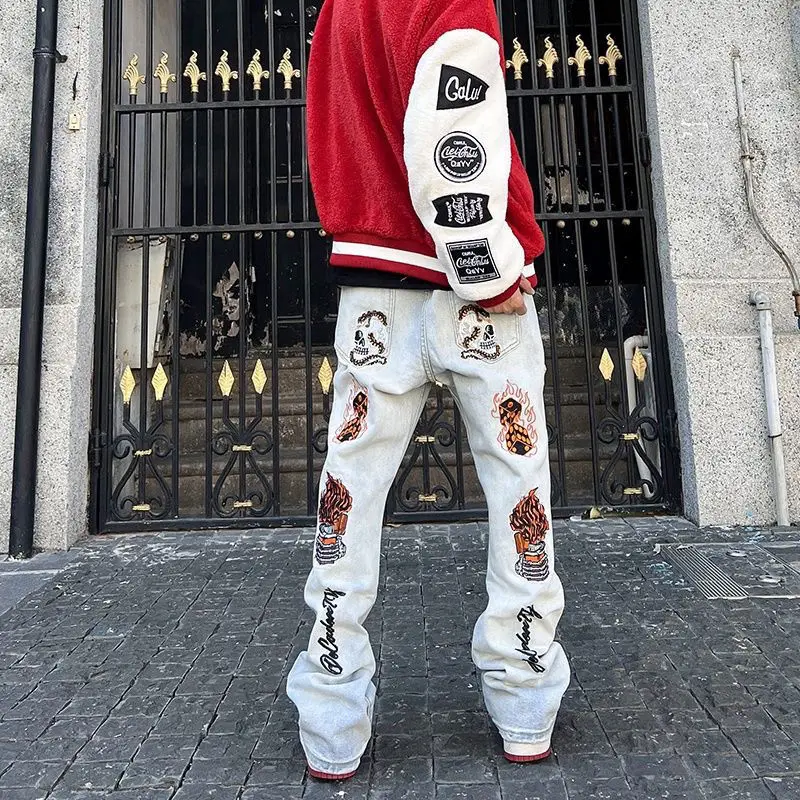

American High Street Y2K Trousers Washed Embroidery Skull Jeans Men's Hip-hop Fashion Loose Straight Street Ins Overalls Men