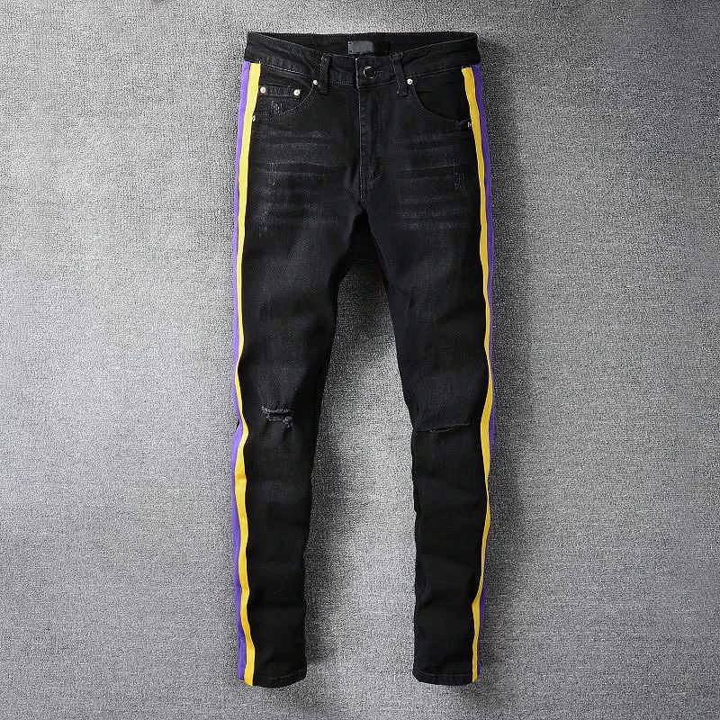 Streetwear Jeans a righe viola gialli uomo Jeans strappati Slim neri di  marca di moda pantaloni Casual Hip Hip Dance pantaloni quattro stagioni| Jeans| - AliExpress
