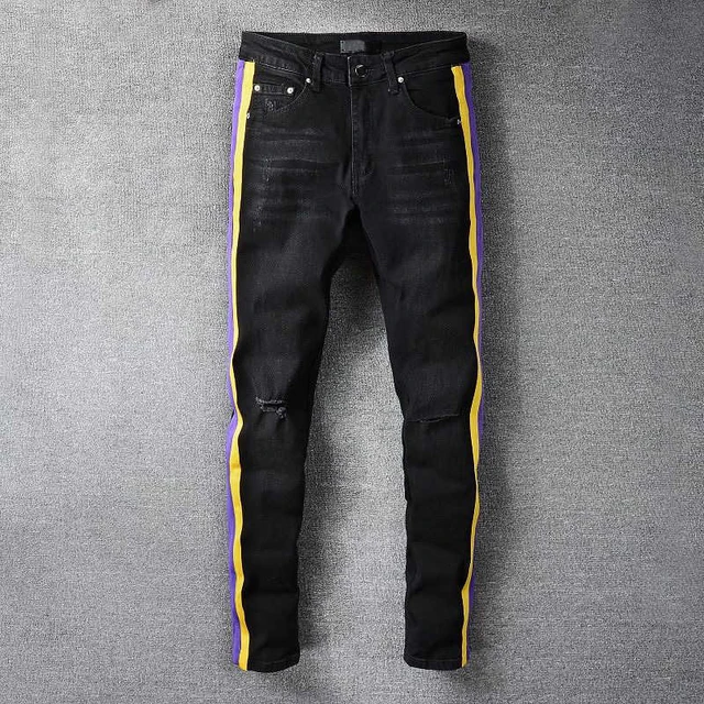 Streetwear Jeans a righe viola gialli uomo Jeans strappati Slim neri di  marca di moda pantaloni Casual Hip Hip Dance pantaloni quattro stagioni| Jeans| - AliExpress