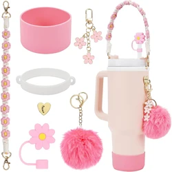 Enhanced Water Bottle Accessory Set - 7 Piece Kit with Handle Strap, Cup Covers, Straw Cover, and Decorative Charms (Pink)