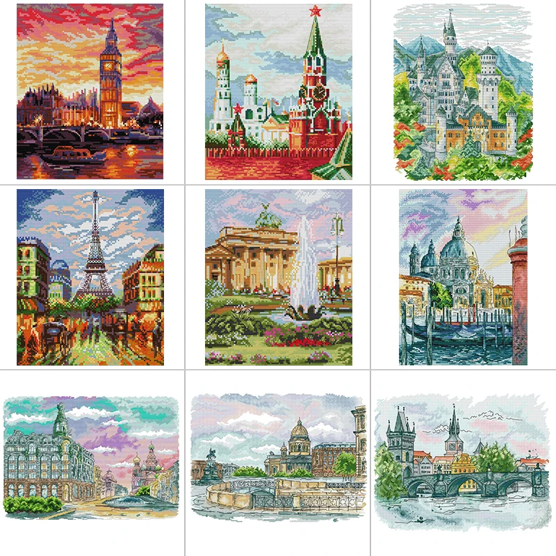 

City Scenery Series Counted Cross Stitch Kit Aida 14CT 16CT 11CT Canvas Printed Needle Thread Set DIY Hand Needlework Home Decor
