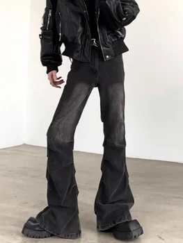 2025 Cyber Y2K Streetwear Pleated Slim Flare Jeans Pants For Men Designer Clothes Washed Black Cotton Long Trousers Ropa Hombre 1