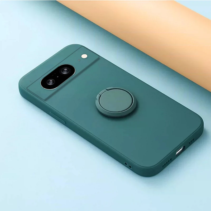 Silicone Back Cover with Finger Ring Stand and Camera Lens Protection – Solid Color Soft Phone Case