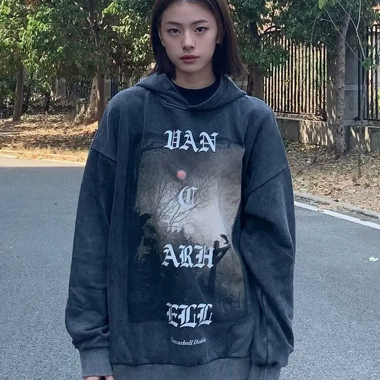 Gothic Harajuku Hoodes Women Vintage Mall Goth Streetwear Hooded Sweatshirt Black Long Sleeve Tops 2023 Fashion