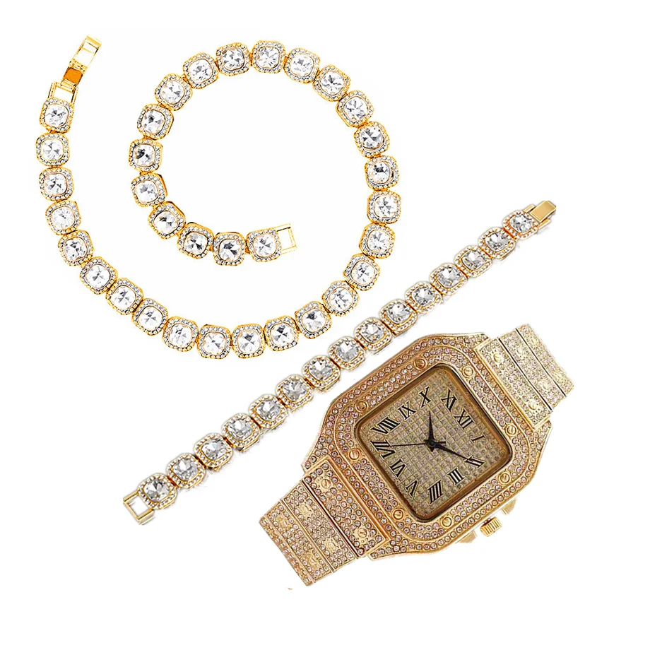 3PCS Hip Hop Iced Out Watch Bracelet Men's ChainTennis Full Miami Curb Cuban Chains Bling Rapper Necklaces for Men Jewelry Gift