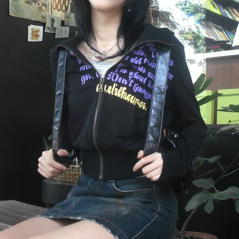 Karrram Japanese Y2k Cropped Jacket Vintage Harajuku Short Coat American Retro Letter Print Zipper Sweatshirt Grunge Outerwear 6