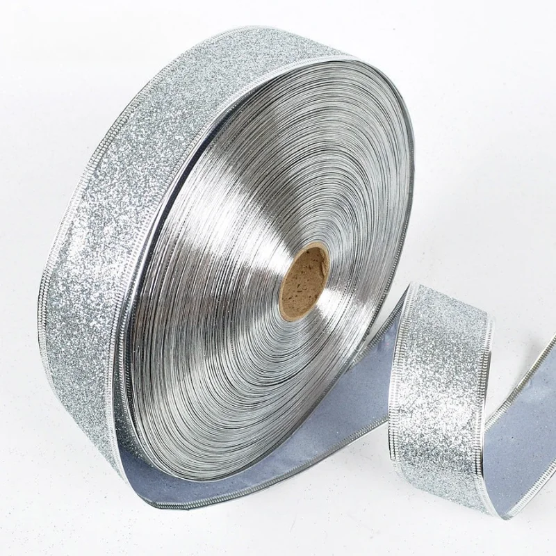 200cmX6.3cm Glitter Decorative Ribbons Red Silver Gold Ribbon With Iron Wire Christmas Decoration Ribbons for Crafts Bows