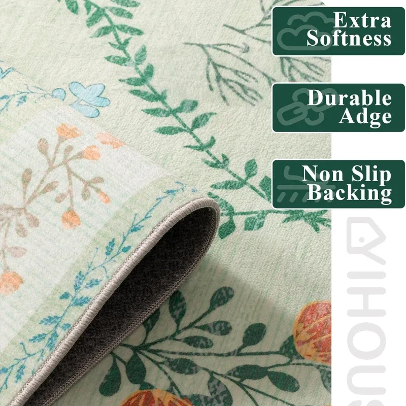 Floral Living Room Carpet Large Area Pastoral Style Print Bedroom Plush Rug Home Decoration Machine Washable Non-slip Floor Mats