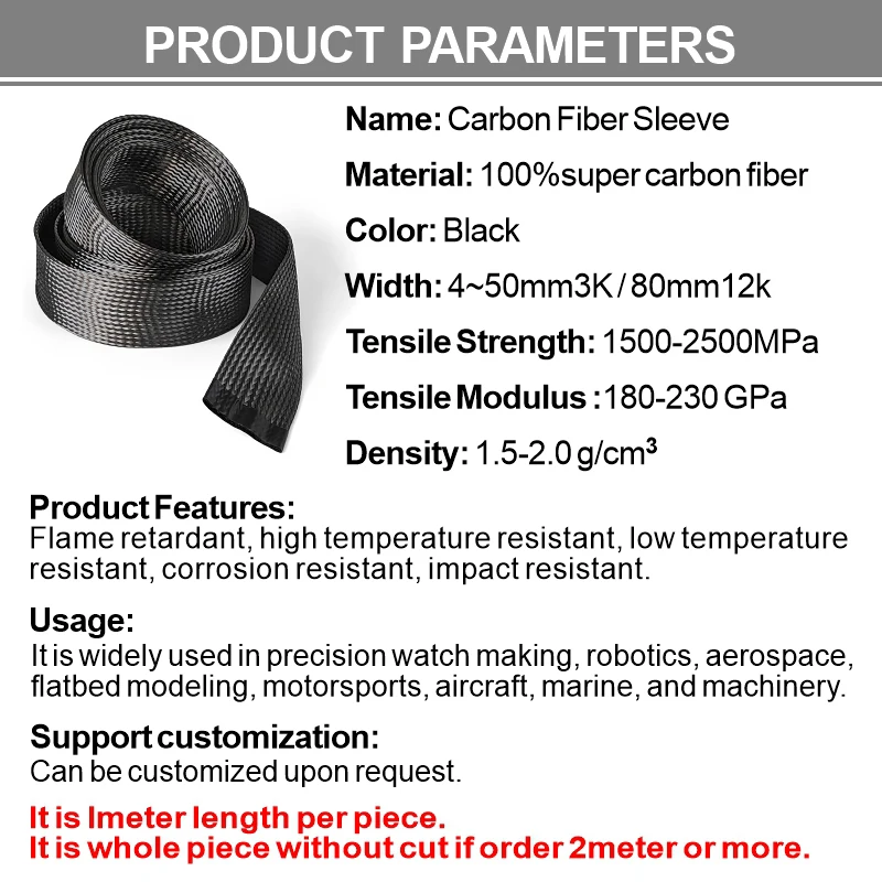 1M 탄소 섬유 케이블 슬리브 브레이드 4MM-80MM 중공 전도성 테이프 와이어 차폐 슬리브 고온 방지