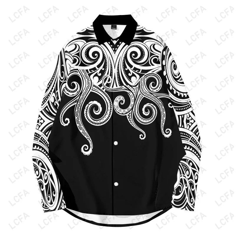 

Polynesia Tattoo Stripe 3D Whole Body Print Men Shirt Long Sleeve Casual Big Size Homme Beach Holiday Comfortable Button Shirt
