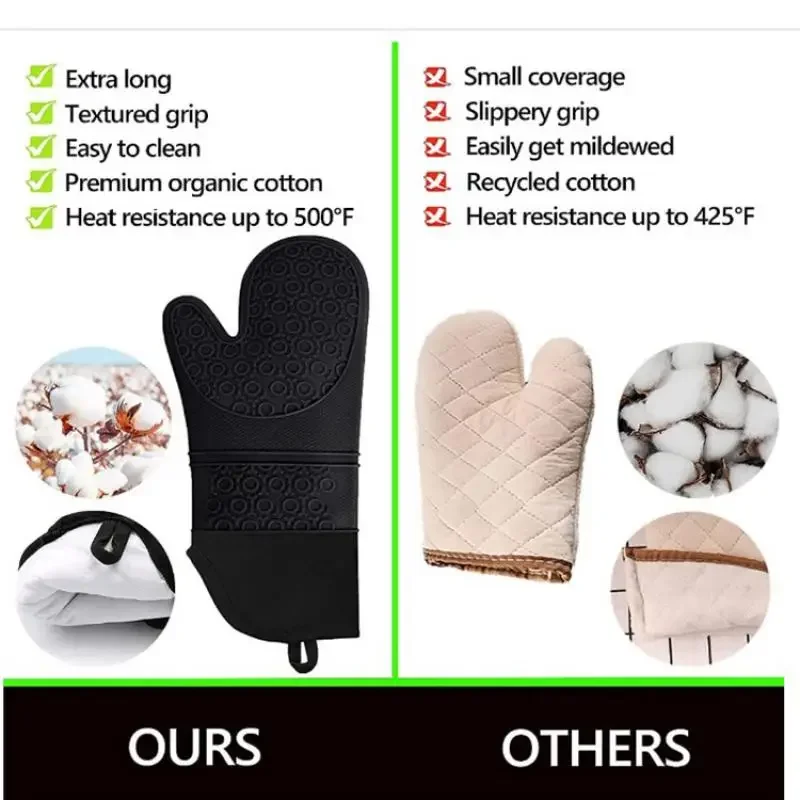 1Pcs Long Silicone Gloves With Cotton Waterproof Kitchen Microwave Mittens Gloves Cooking Bbq Heat-Resistant Oven Mitts